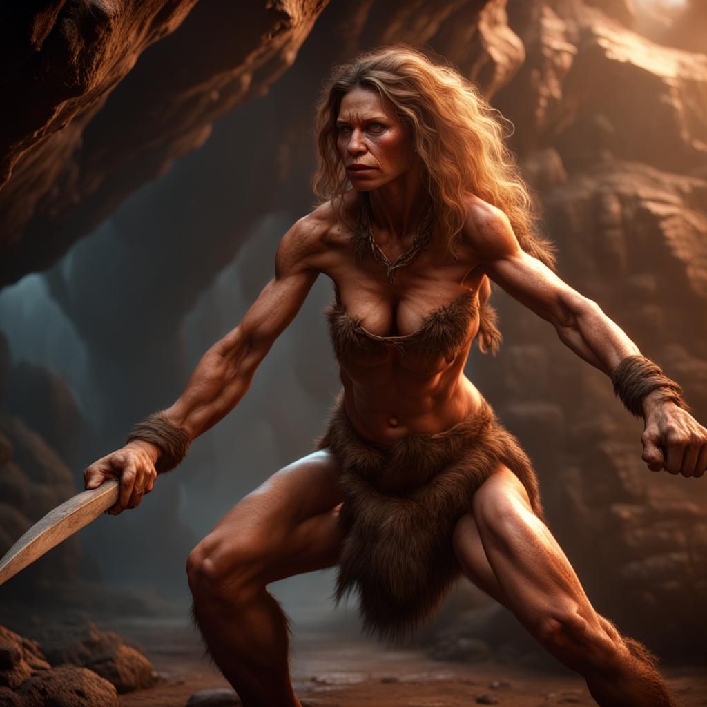 Prehistoric Cavewoman Pounding Chest, Detailed Matte Paintin...