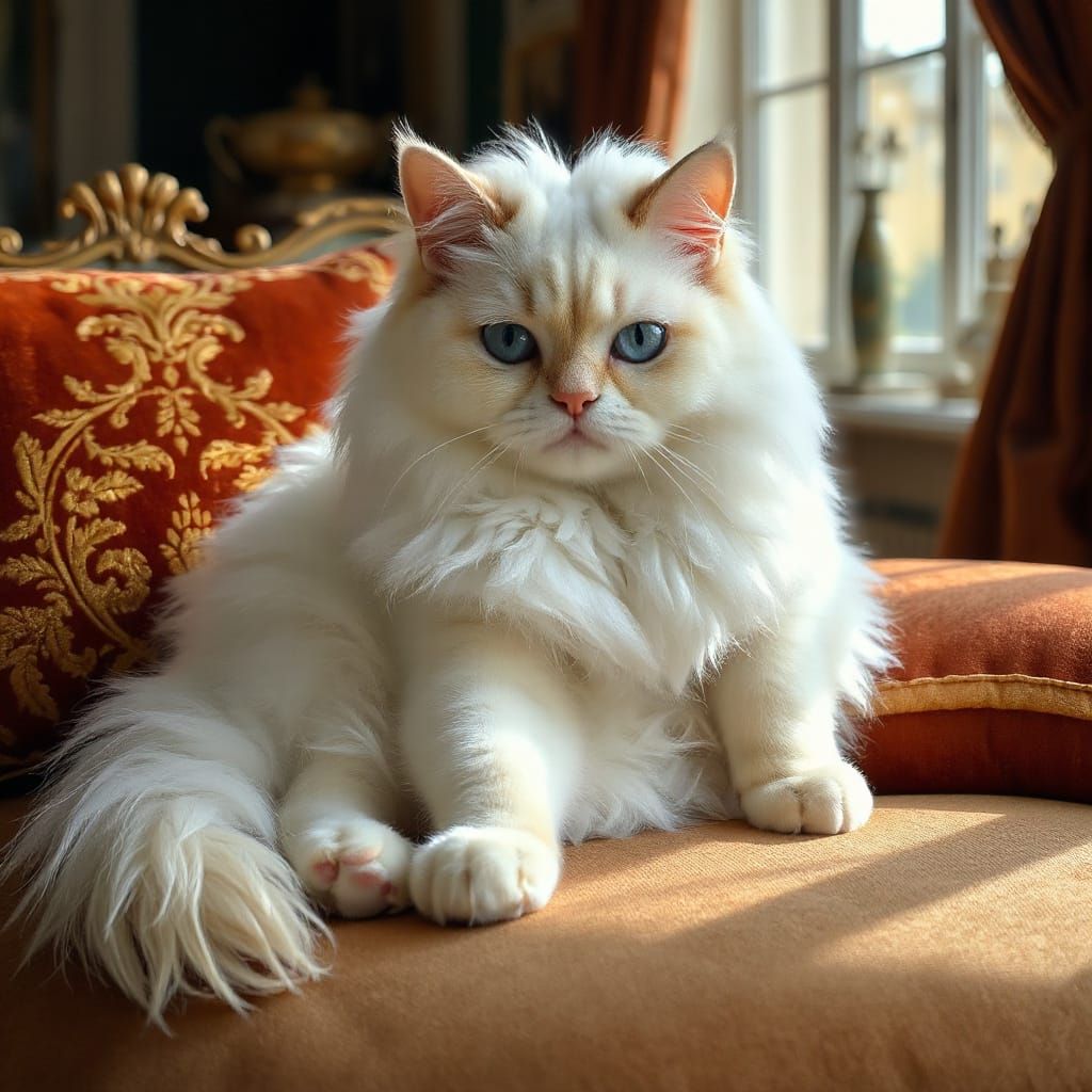 Majestic Snow-White Ragdoll Cat Reclines on Velvet Pillow