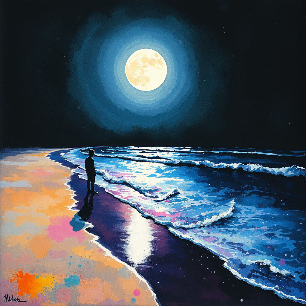 Moonlit Beach Ink and Watercolor Dreamscape