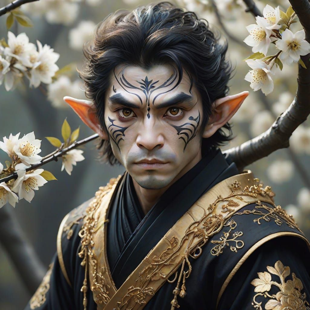 Tragic Samurai Elf Beneath Gilded Blossom Tree