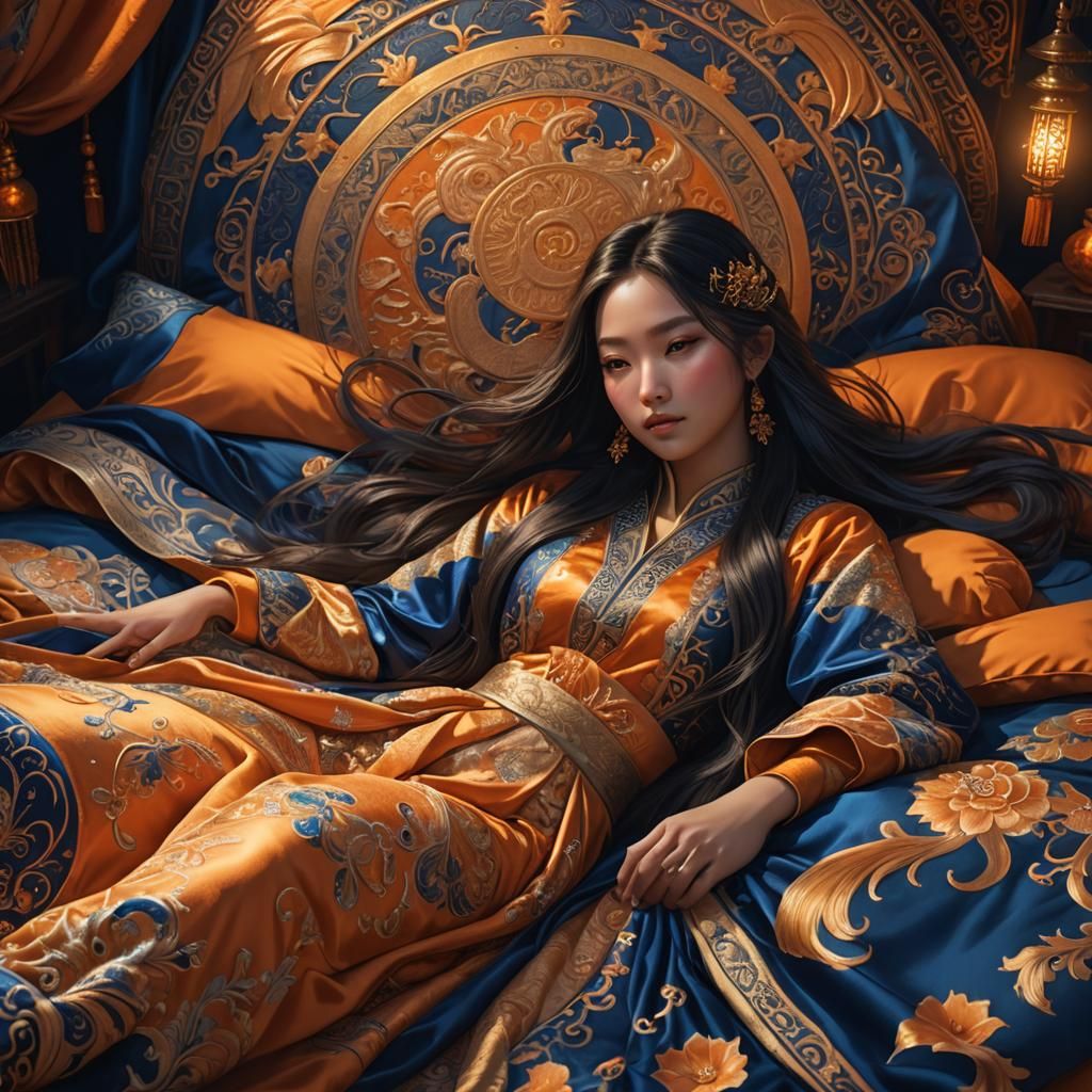 Asian Girl on Bed: Fantasy Concept Art
