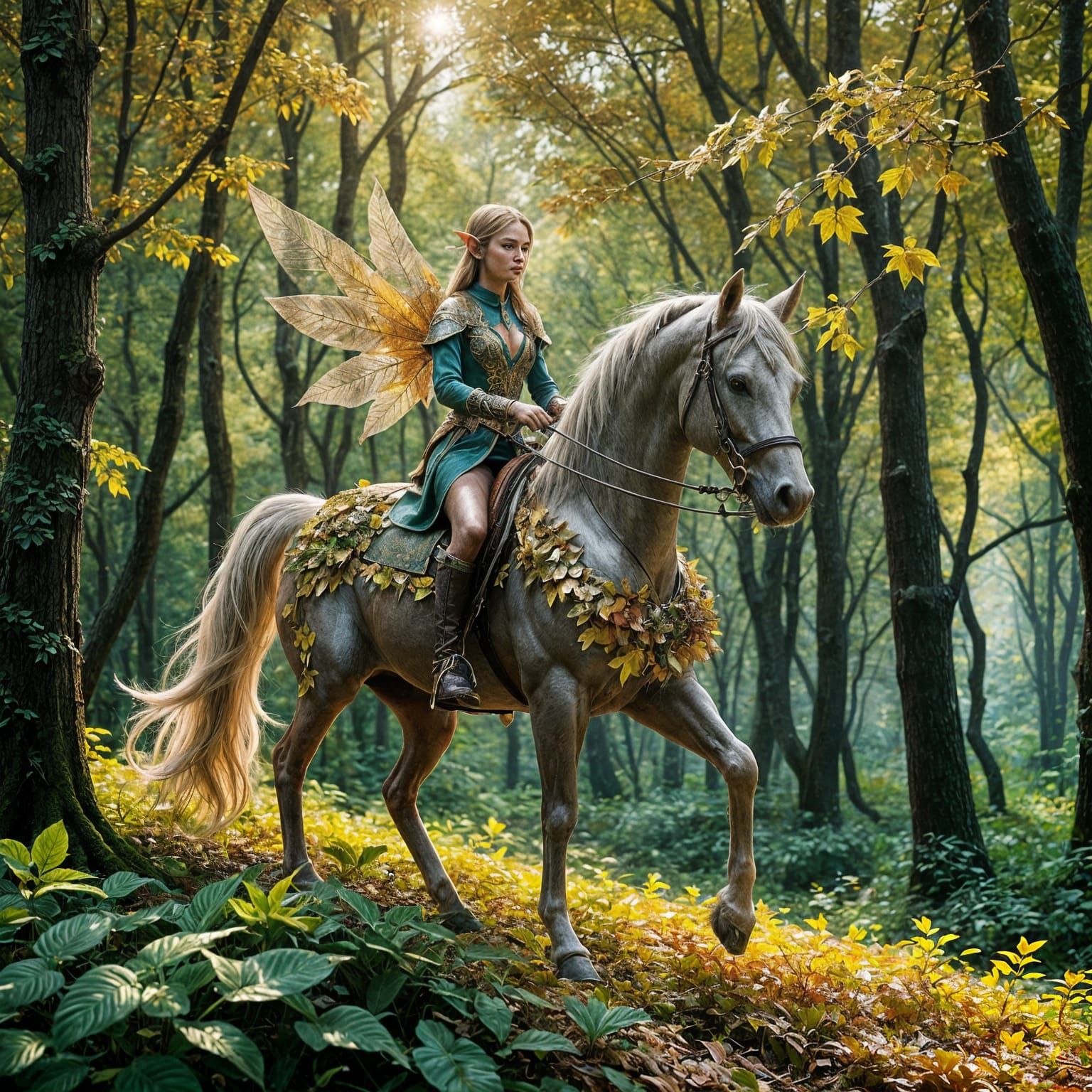 Ethereal Elf Rides Floral Steed in Mystical Forest