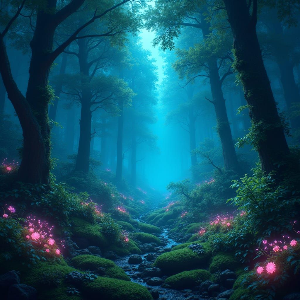 Lush Bioluminescent Forest in Matte Painting Style