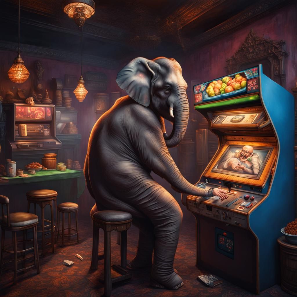 Hyperrealistic Elephant Man Plays Arcade Game