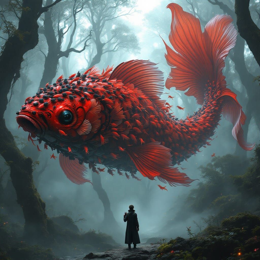 Surreal Koi Fish Embodies Futuristic Fusion of Nature and Te...