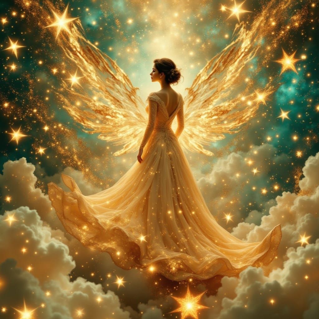 Magical Woman on Floating Islands with Neon Stars