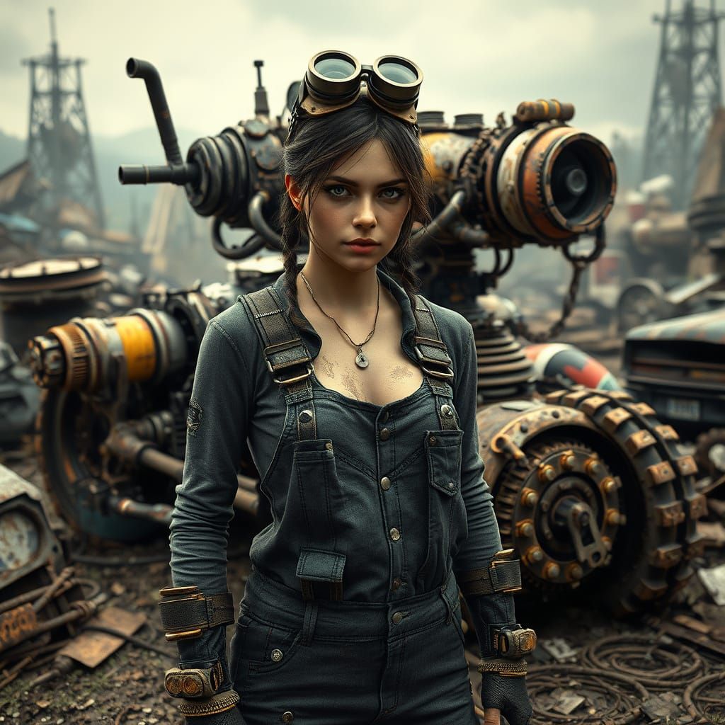 Dieselpunk Mechanic and Her Mech: Cinematic Film Still
