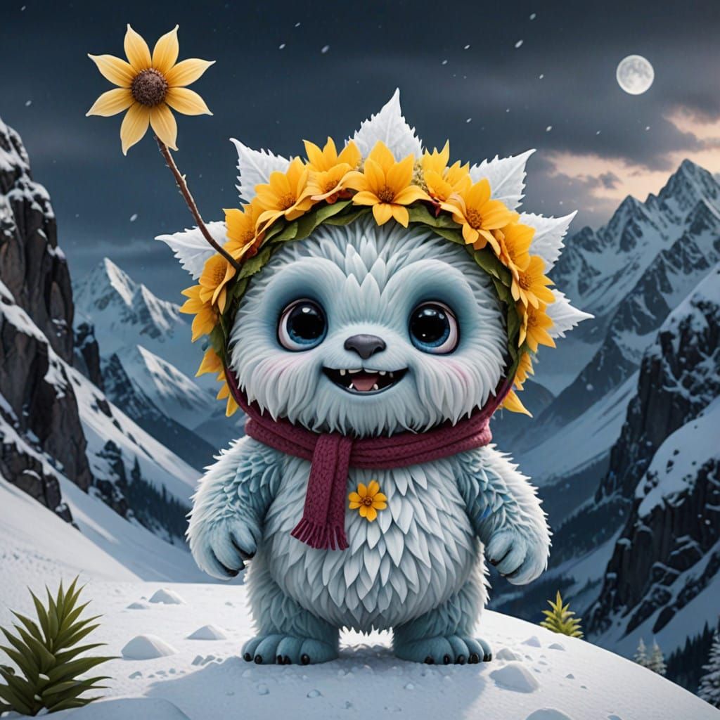 Whimsical Floral Explorer Seeks Yeti in Snowy Peaks