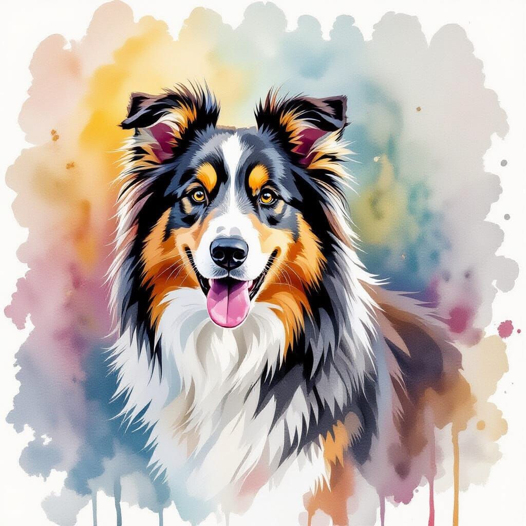 Collie Dog in Watercolor Painting Style