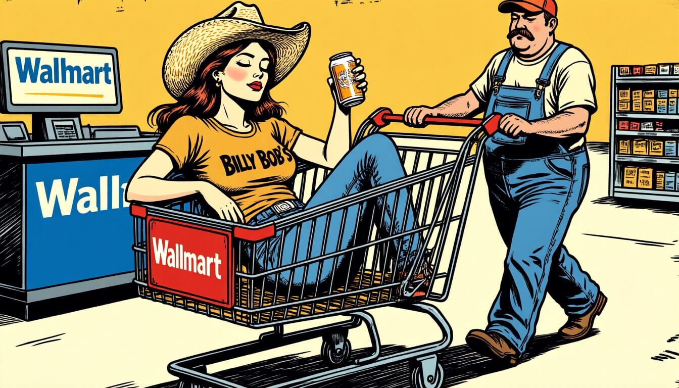 Woman Sleeps in Wallmart Cart in Retro Comic Style