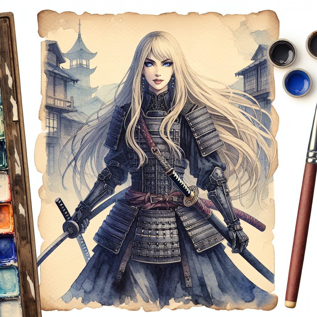 Gothic Samurai Woman with Katana in Watercolor Style