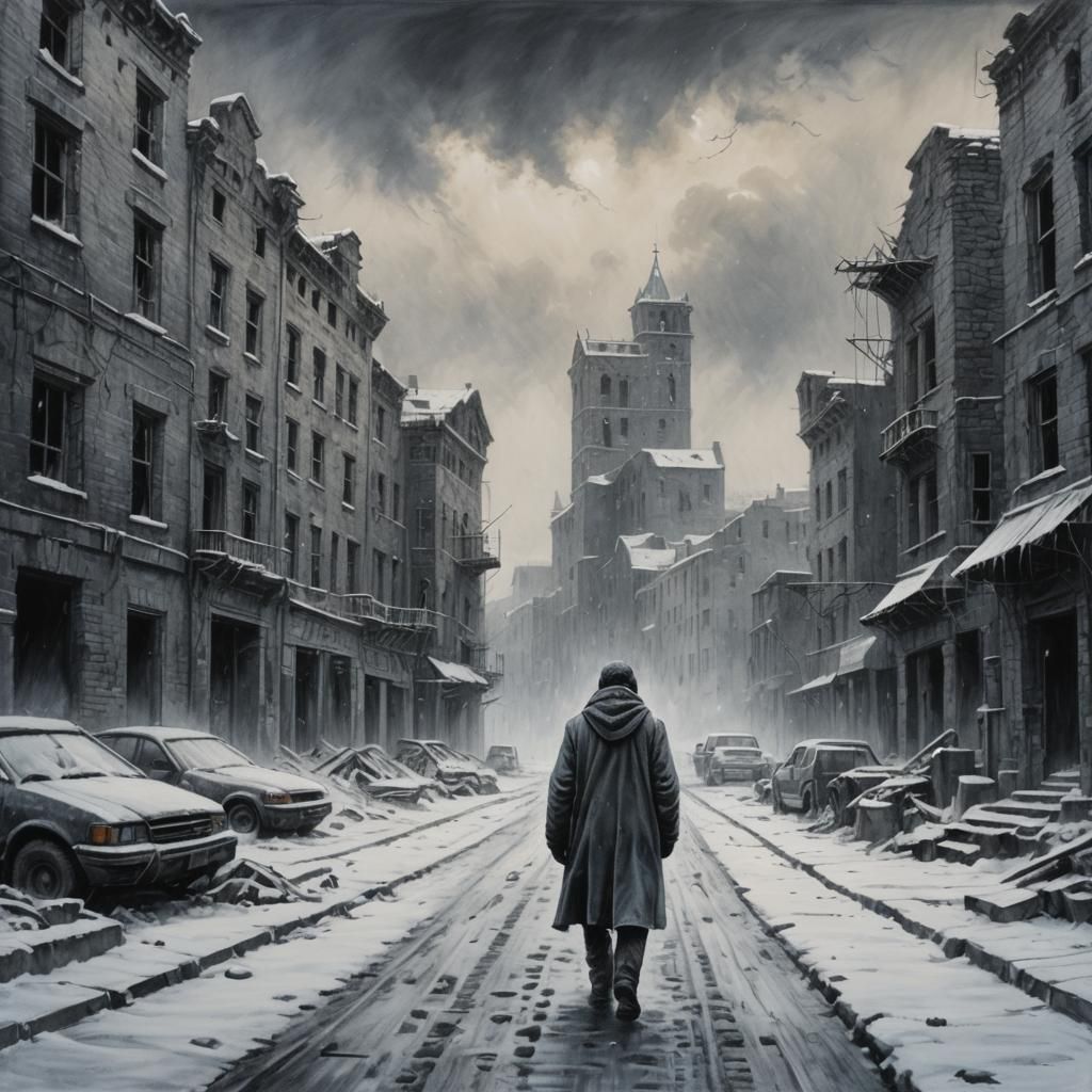 Dramatic Post-Apocalyptic Winter Scene in Charcoal Drawing S...