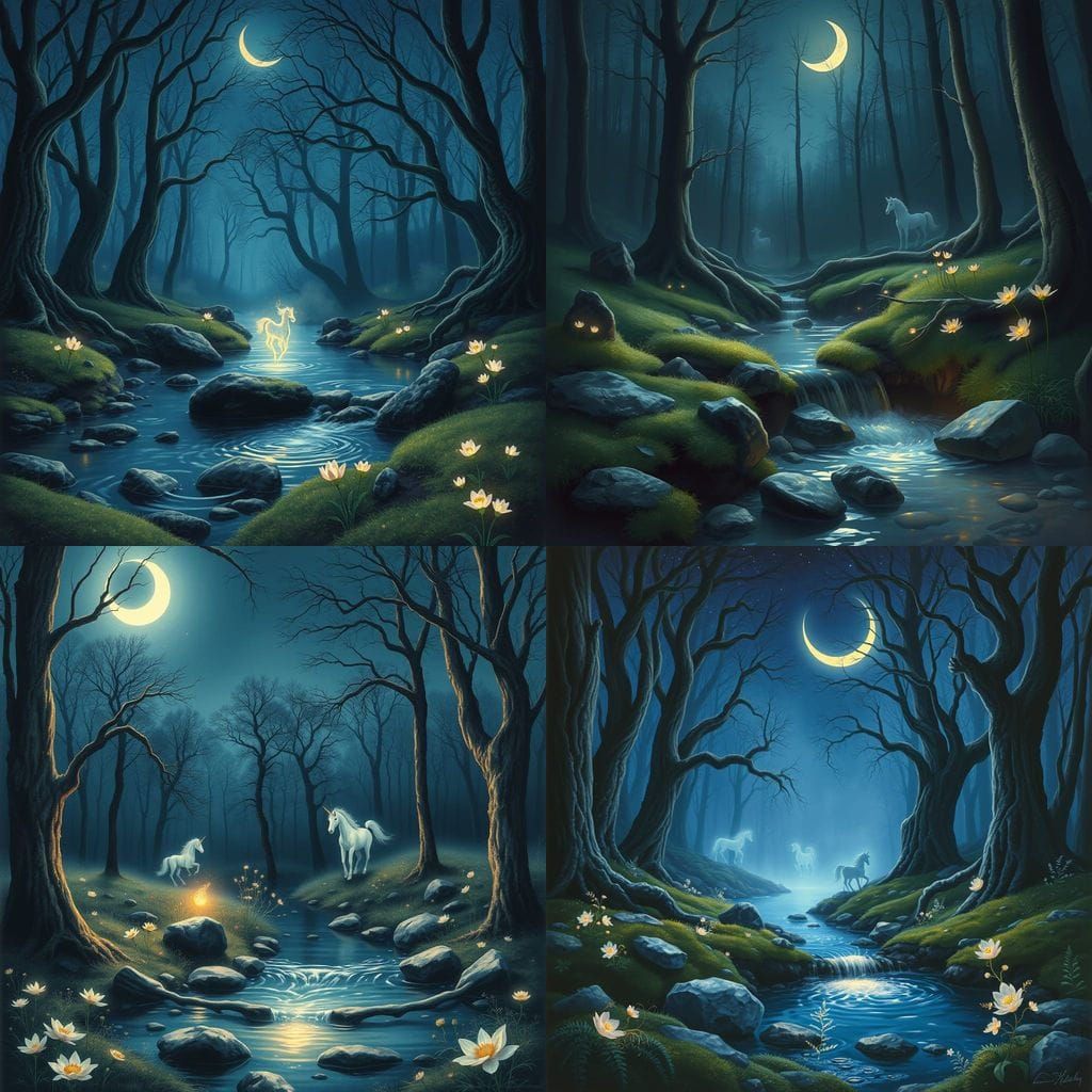 Enchanted Forest Spring at Night in Oil Painting Style