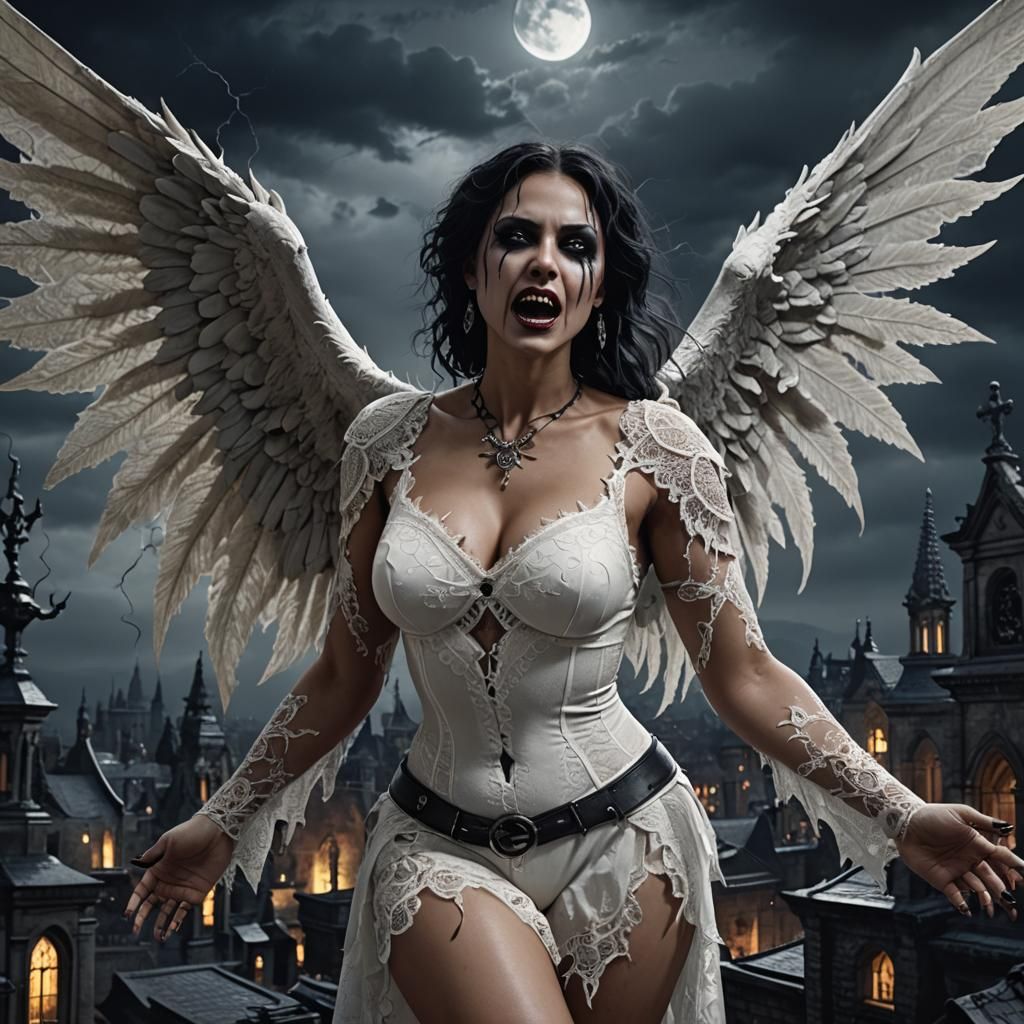 Gothic Ghoul Angel Feasting Under Moonlight: 8K Art