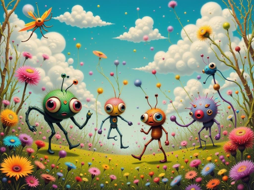 Whimsical Alien Creatures Playing in Spring Park