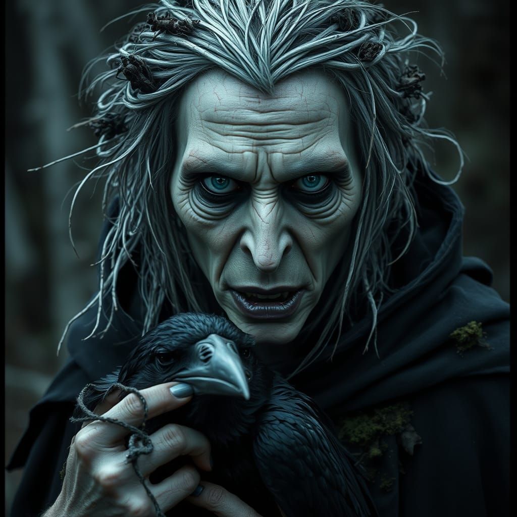 Eerie Forest Witch with Raven in Dark Fantasy