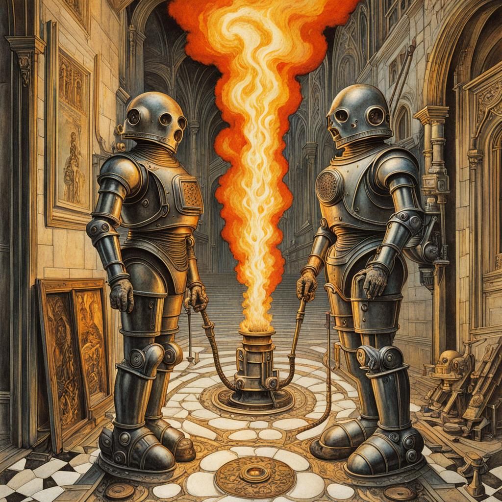 Biopunk Robot Flamethrower in Vintage Comic Art