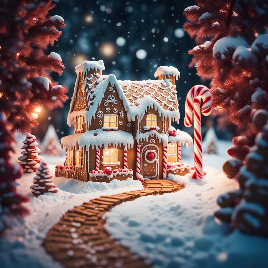 Gingerbread House in Winter Wonderland, Cinematic Film Still