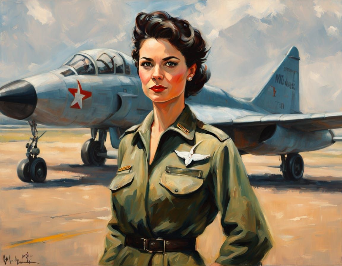 Stunning 1950s Soviet Air Force Aviatrix in Impressionist Oi...