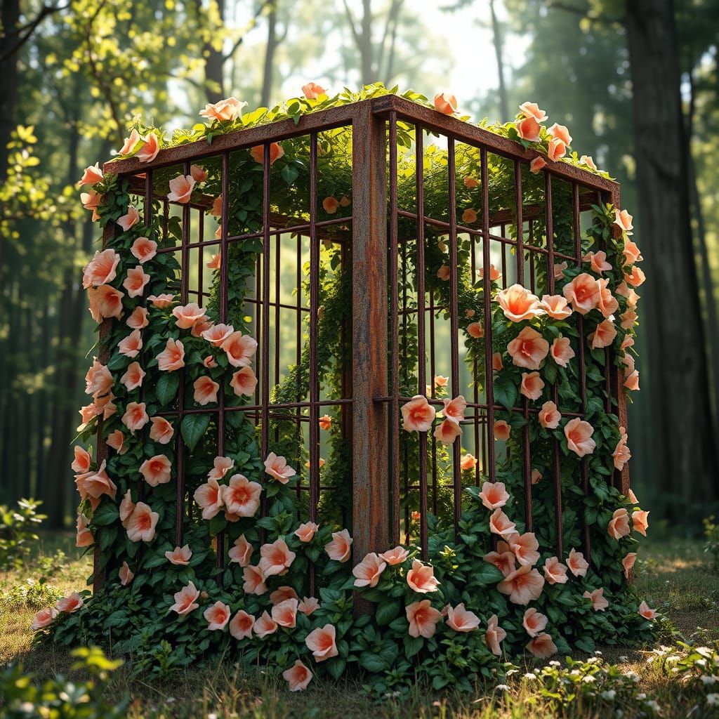 Vibrant Iron Cage Overgrown with Ivy and Flowers