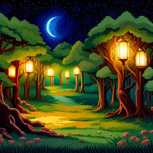 Enchanted Forest Pixel Art in 18th Century Style