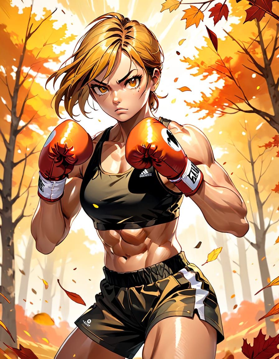 Female Boxer Training in Autumn Light
