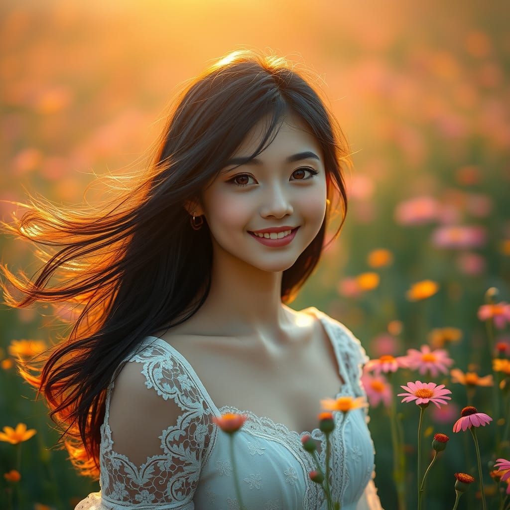 Japanese Woman in Wildflower Field at Dawn