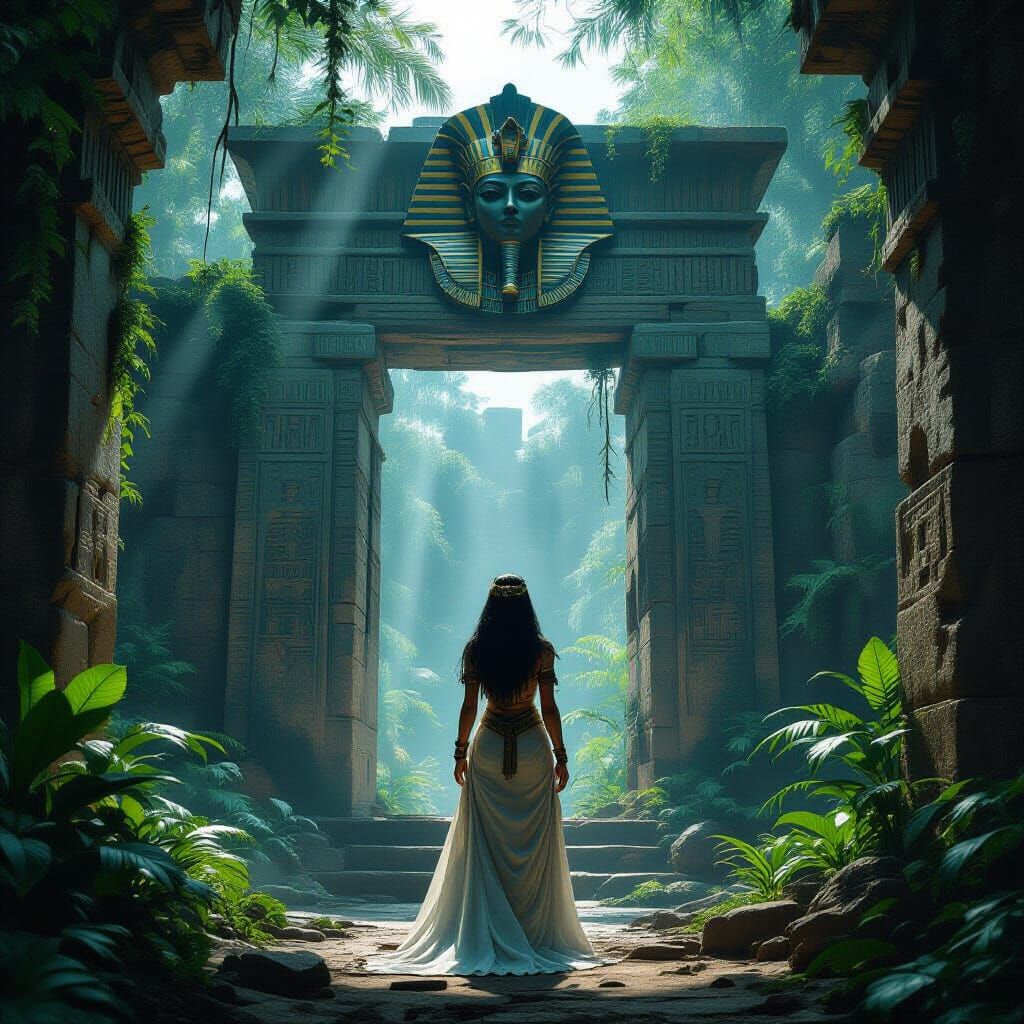 Egyptian Queen Before Jungle Ruin in Cinematic Style