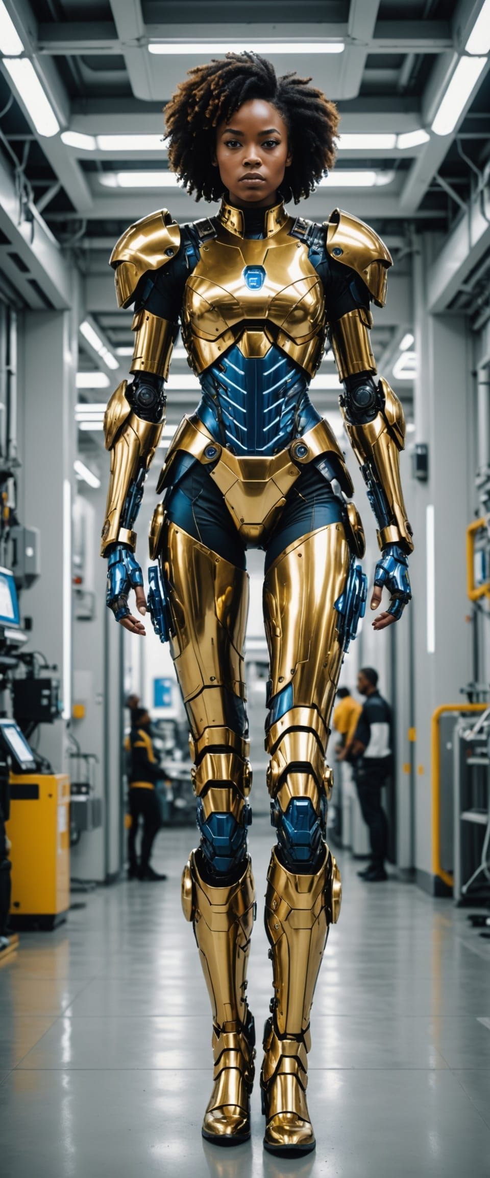 Glamorous Afrofuturist Cyborg Goddess in Shimmering Gold Arm...