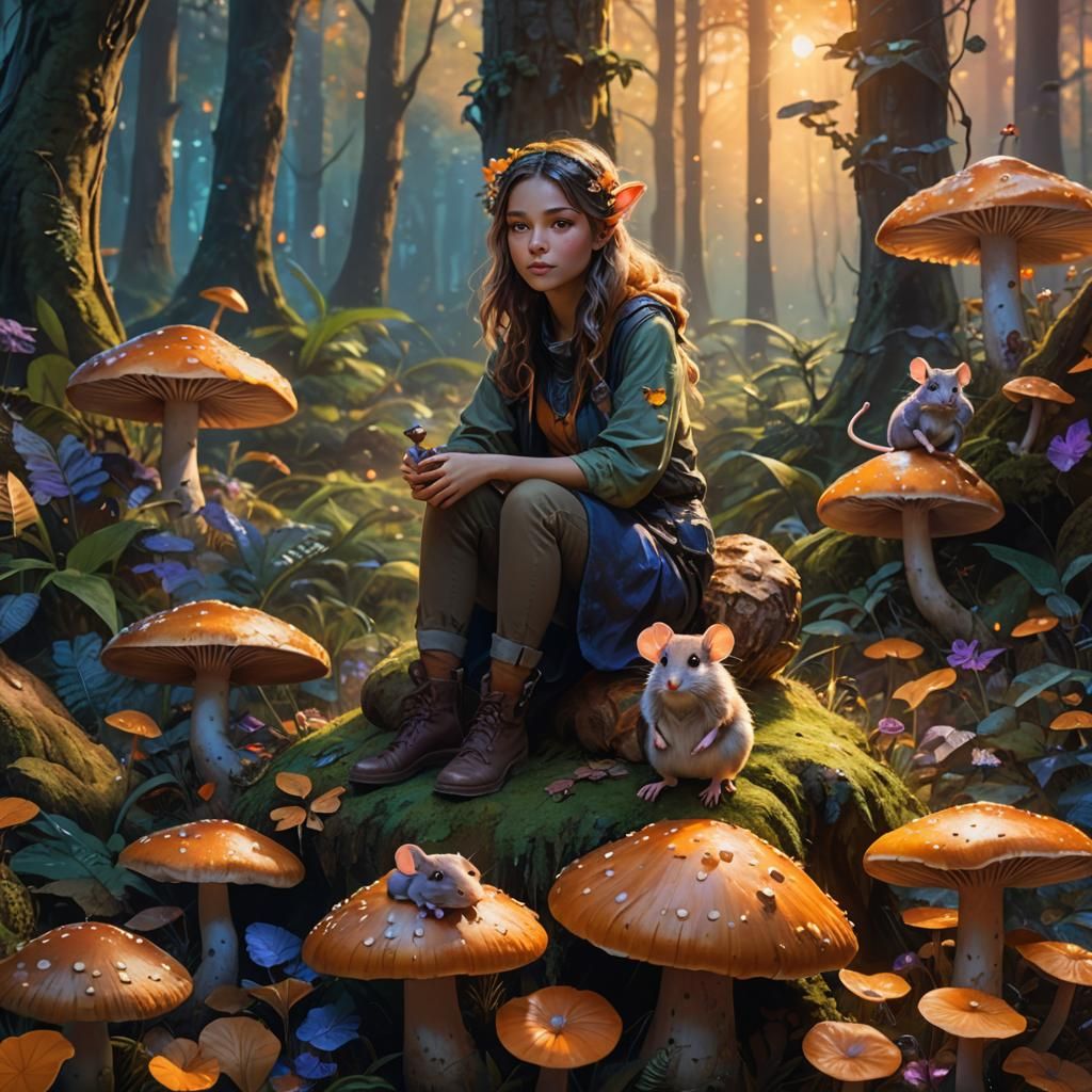 Girl and Mouse in Magical Forest, Fantasy Art