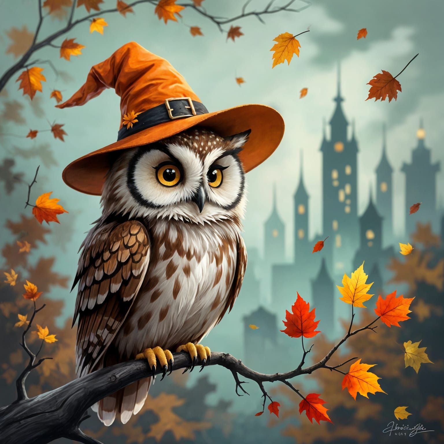 Wise Owl in Pumpkin Hat Overlooking Abstract Fantasy City