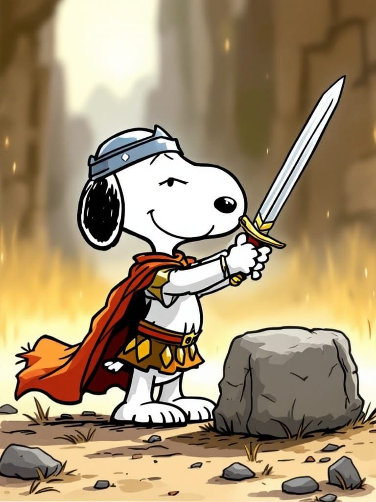 Snoopy as King Arthur pulling sword from stone.
