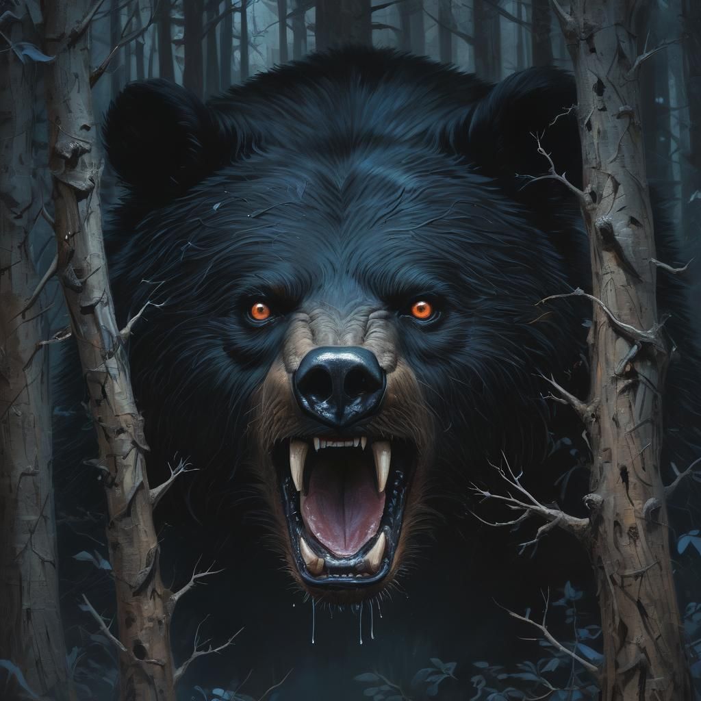 Menacing Black Bear in Dark Fantasy Forest