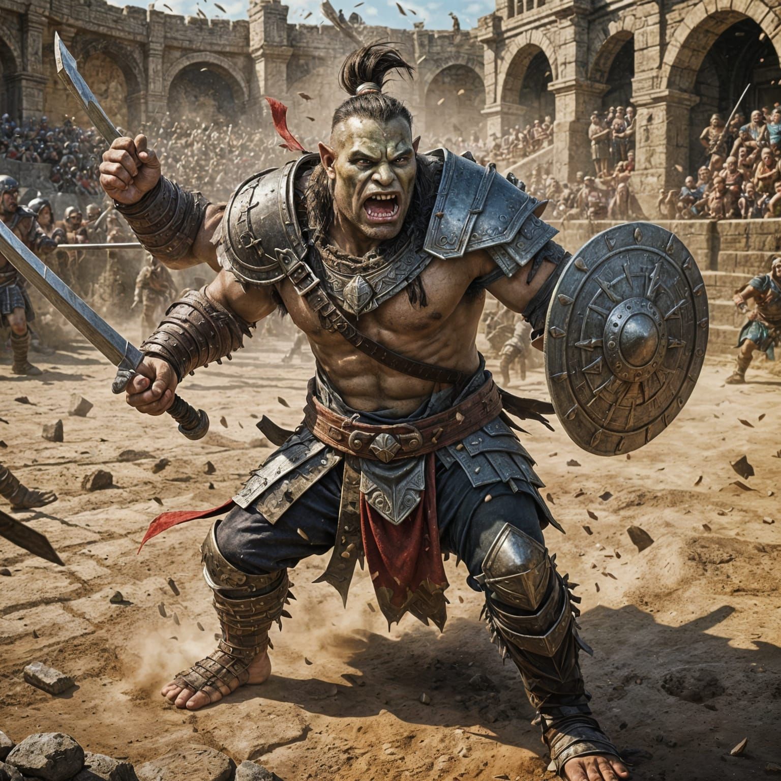Half-Orc Gladiator in Arena: Hyperrealistic Splash Art