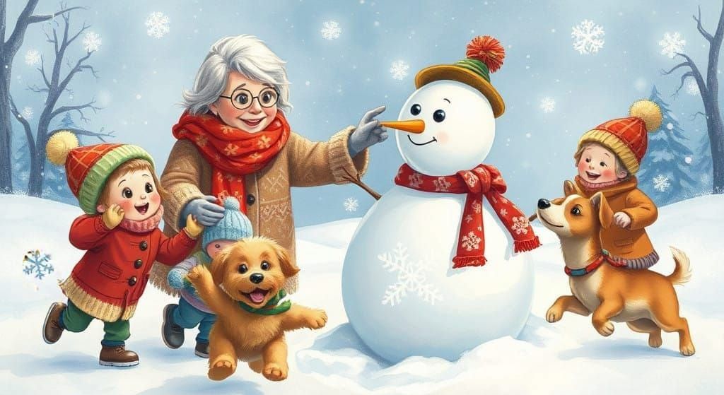 Cozy Grandma Builds Snowman with Grandchildren in Winter Won...