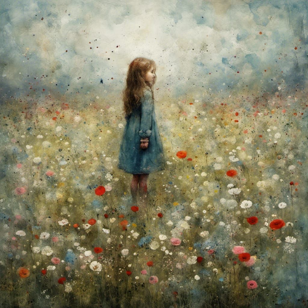 Girl in Flower Meadow: Naive Folk Art