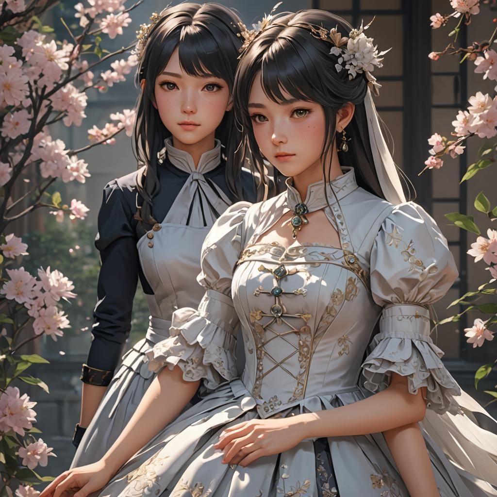 Anime Style Mother and Daughter in Matching Dresses