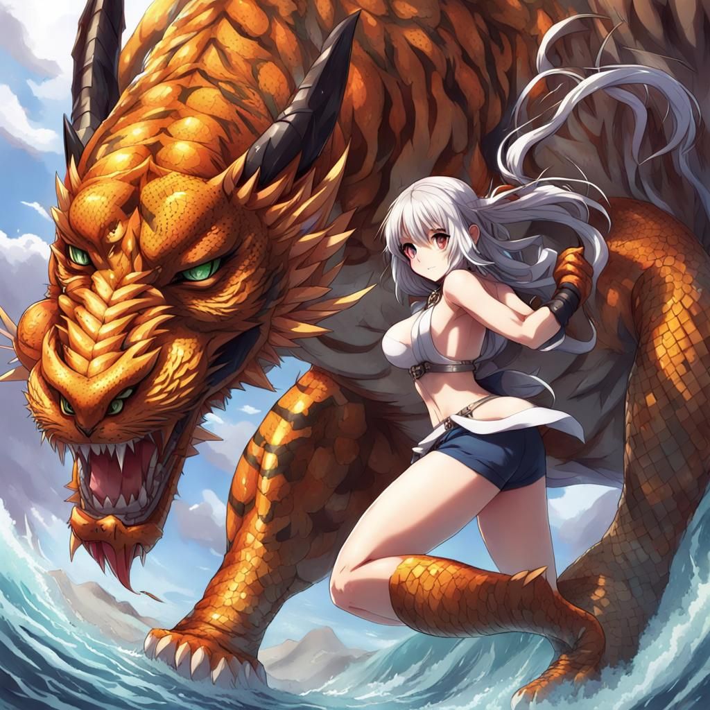 Anime Cat Warrior Versus Dragon