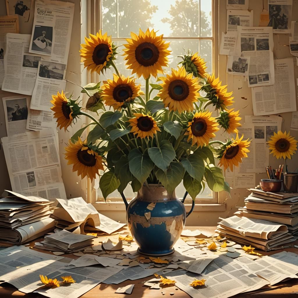 Sunflowers in Vase: Hyperrealistic Digital Matte Painting