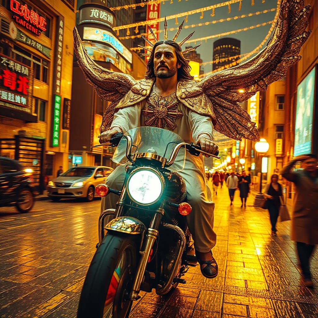 Jesus in Dazzling Luminescent City with Intricate Details in...