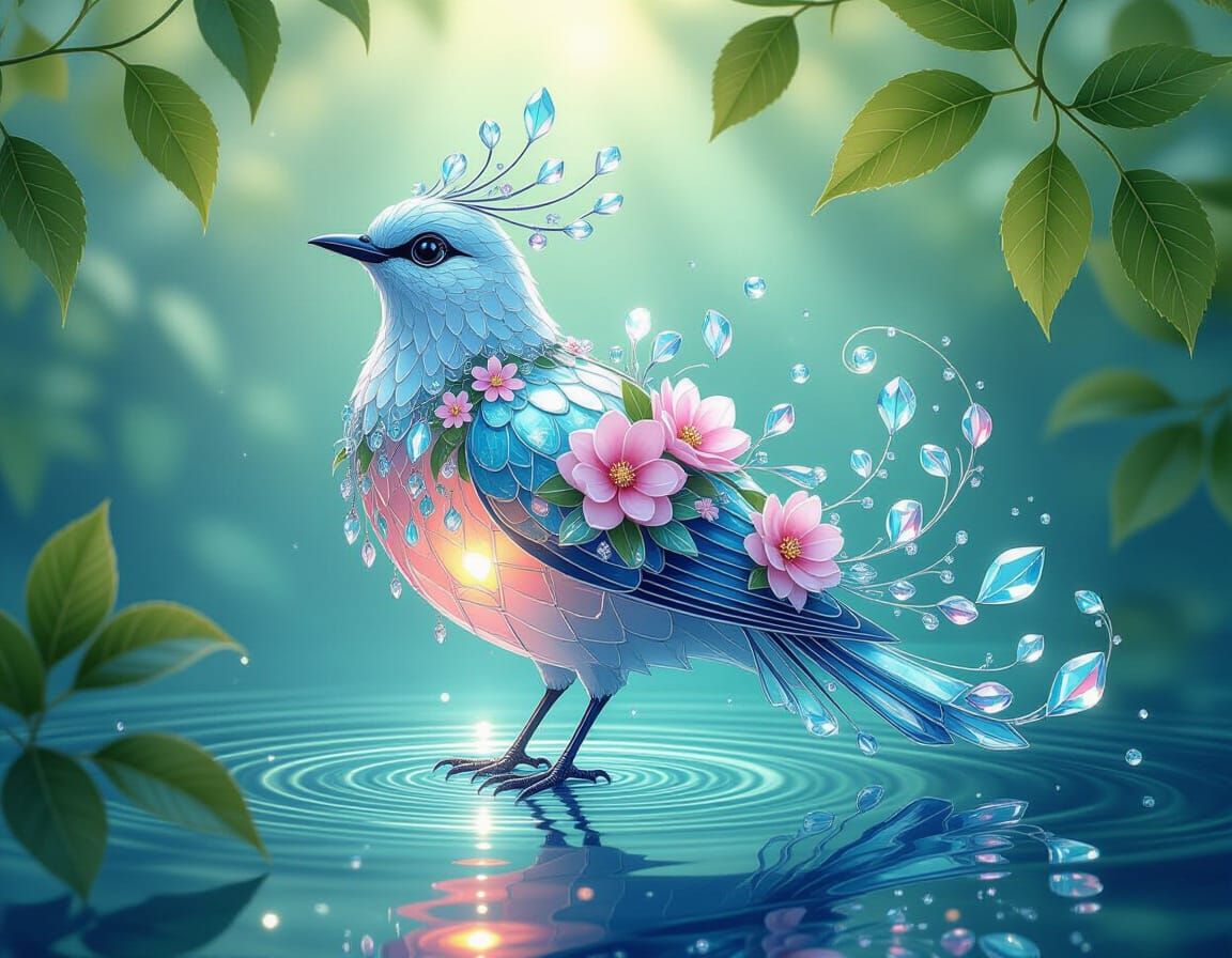 Crystalline Bird with Flowers in Art Nouveau Style