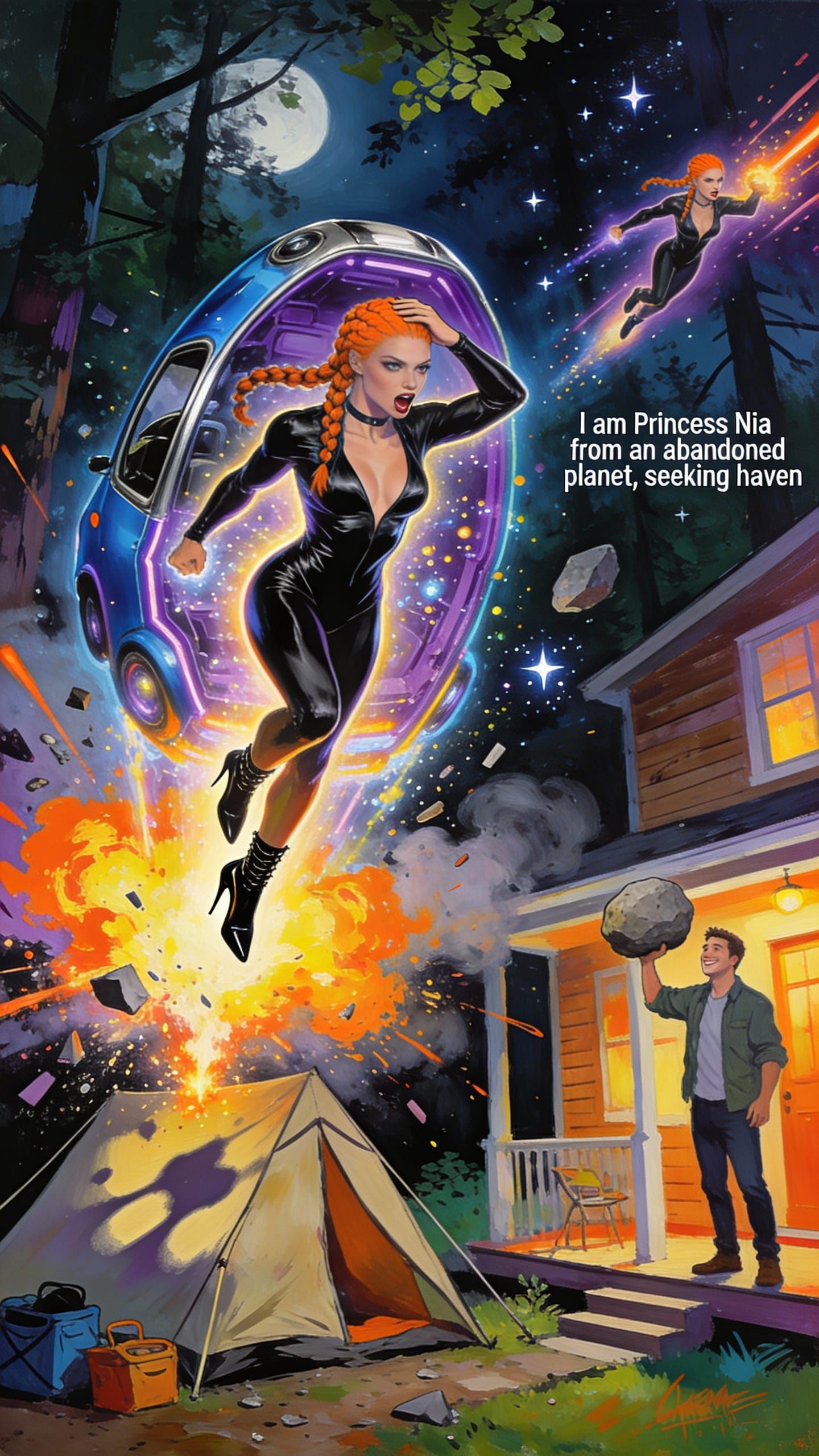 Alien Princess Emerges From Crashed Object in Vivid Street A...