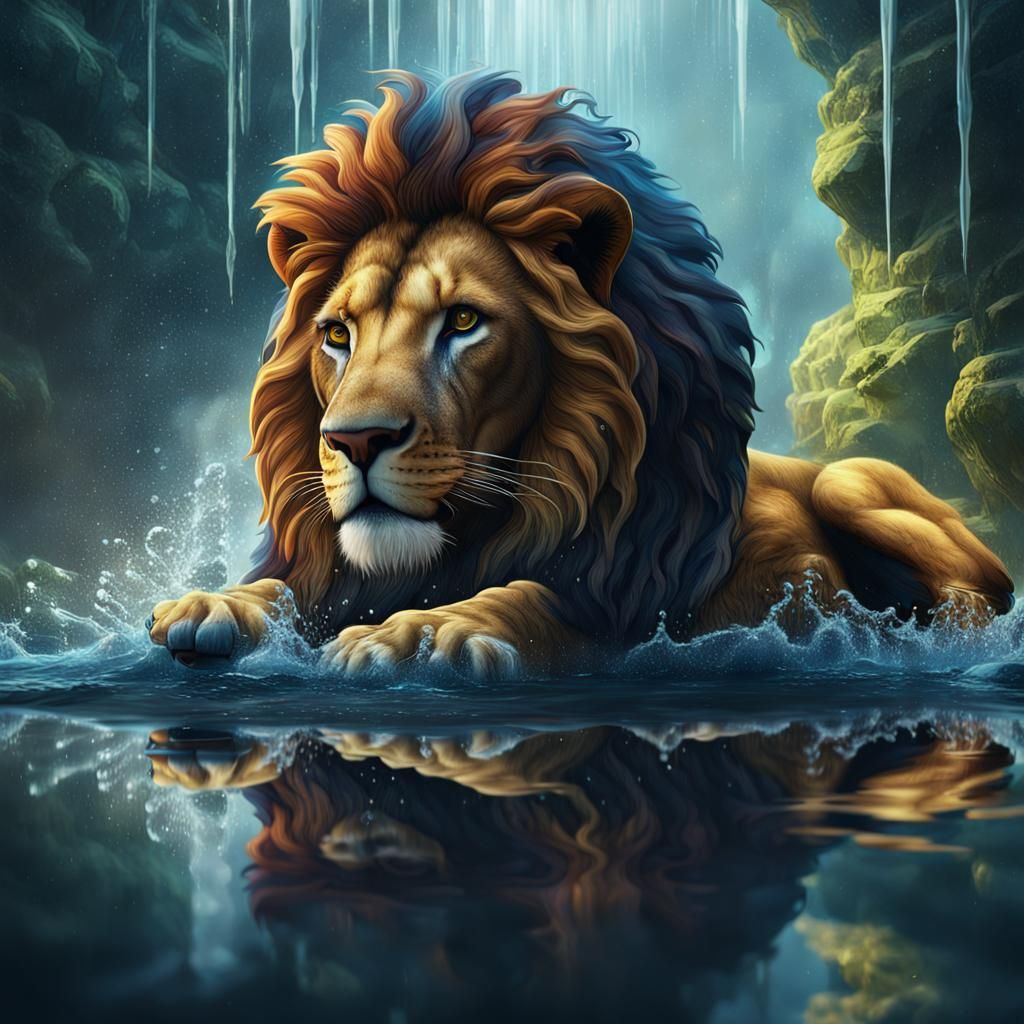 Lion Watching Woman in Water Drop: Fantasy Art