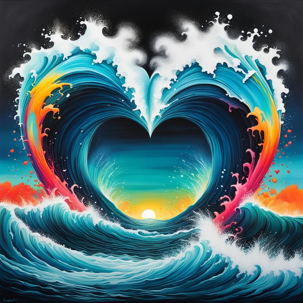 Ocean Waves Form Glowing Heart in Graffiti Art