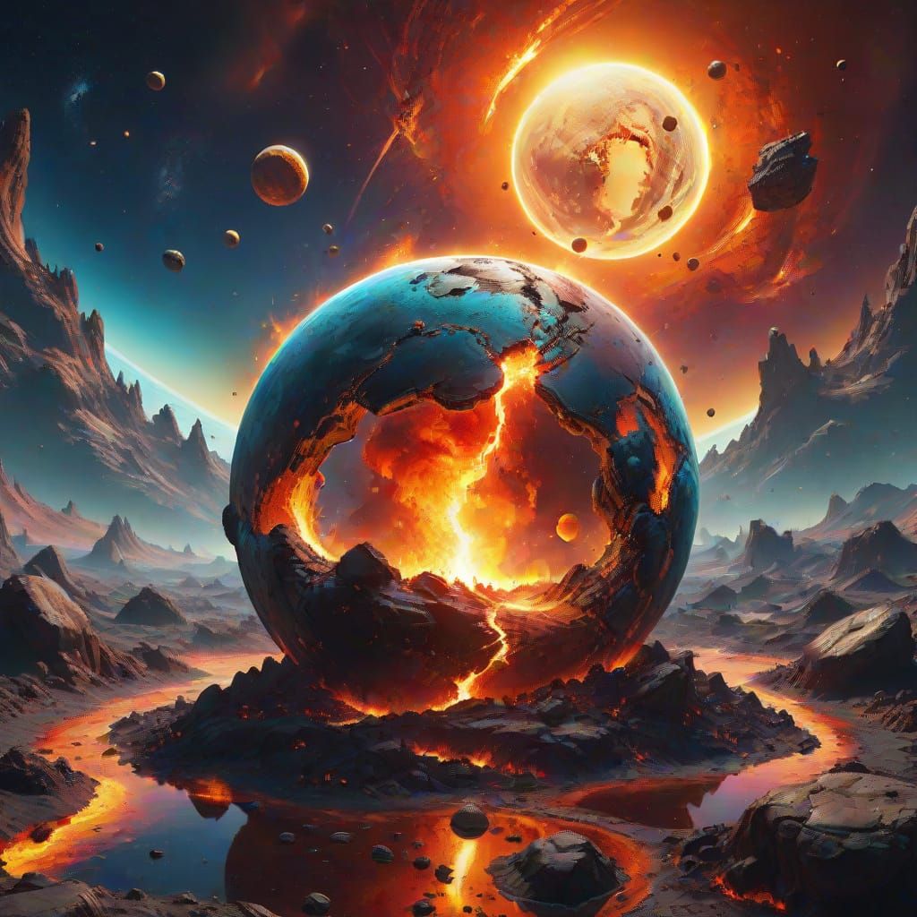 Burning Planet in Infinity Universe: Surreal Oil Painting