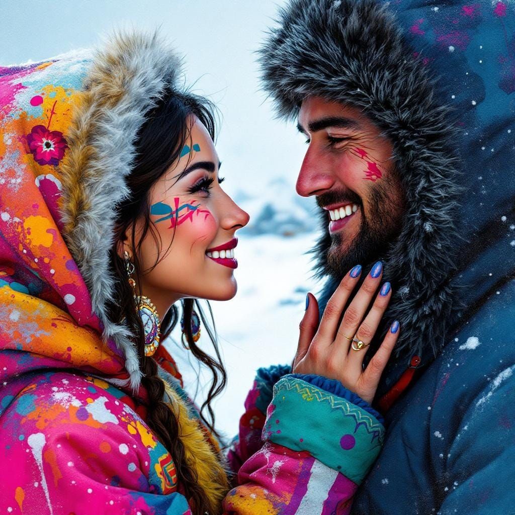 Inuit Couple Portrait in Vibrant Pop Art Style