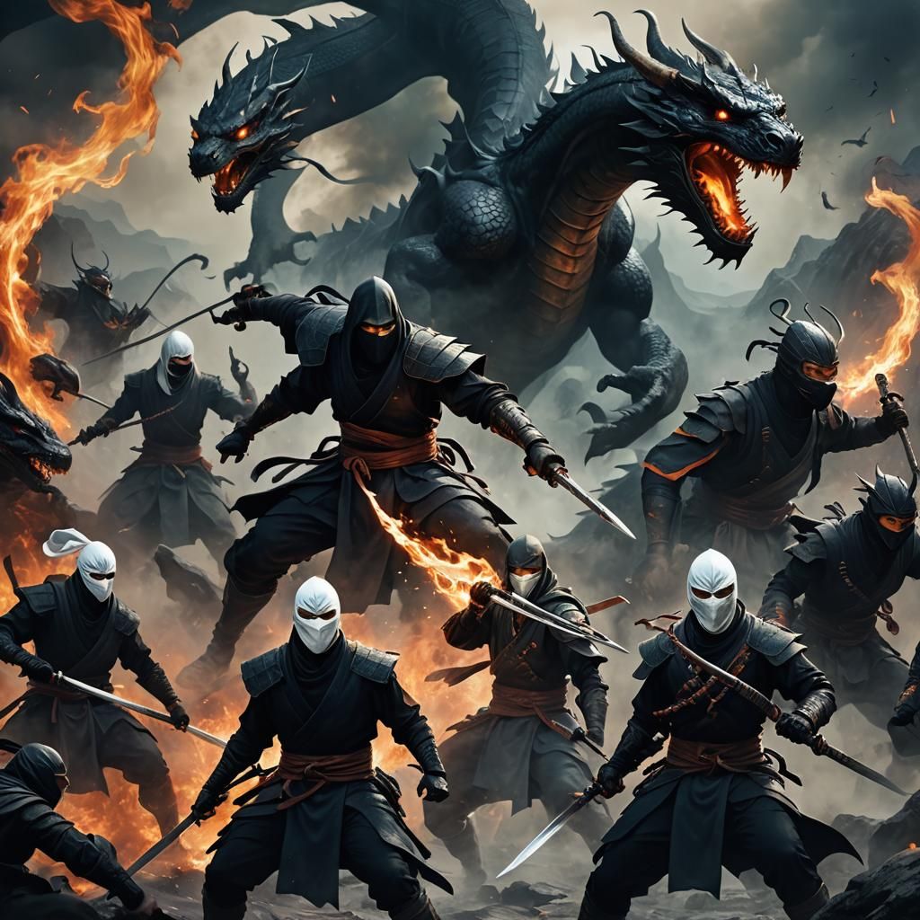 Ninjas Battle Dragon in Dark Fantasy Landscape