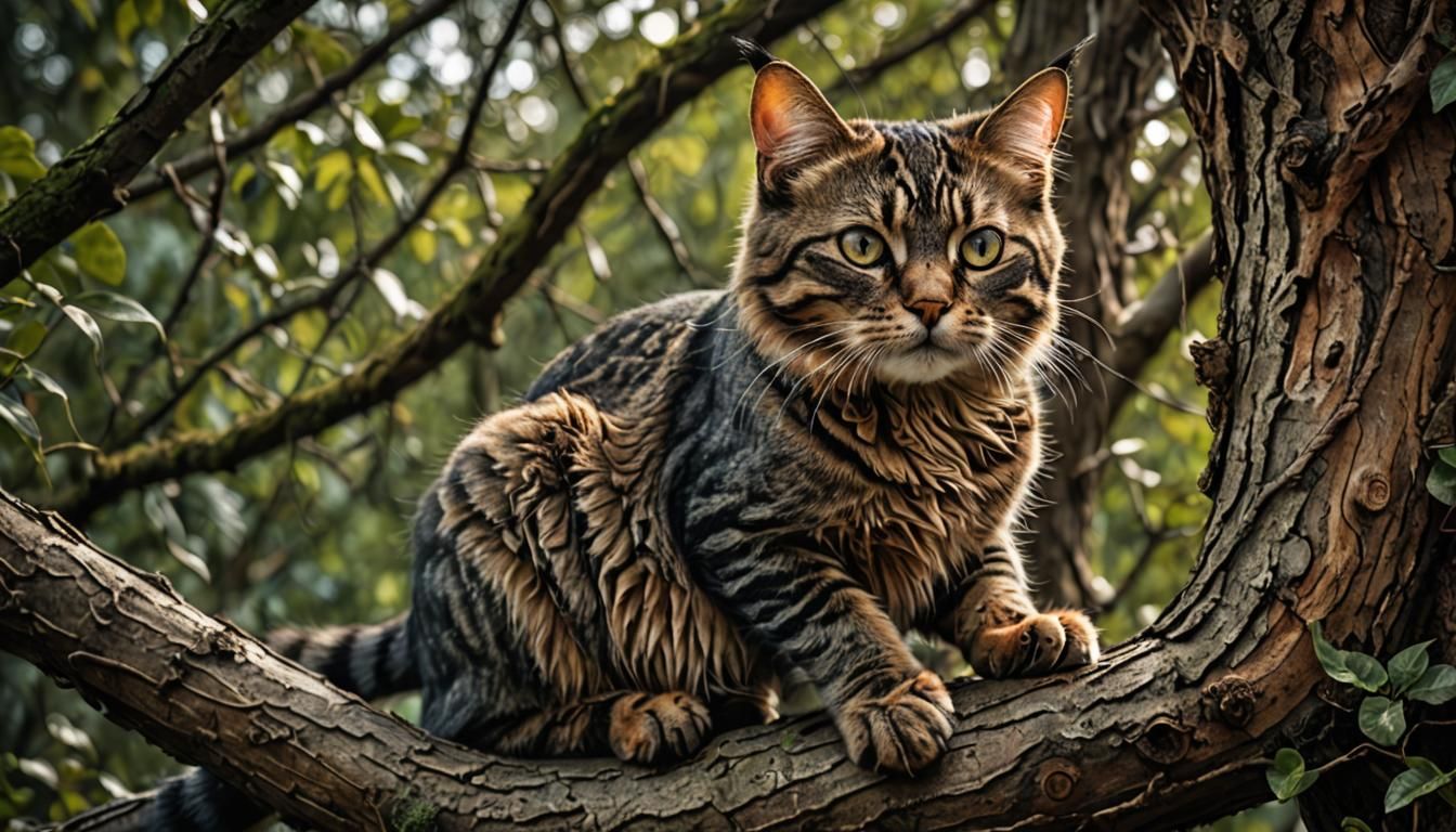 Hyperrealistic Hunting Cat in a Tree