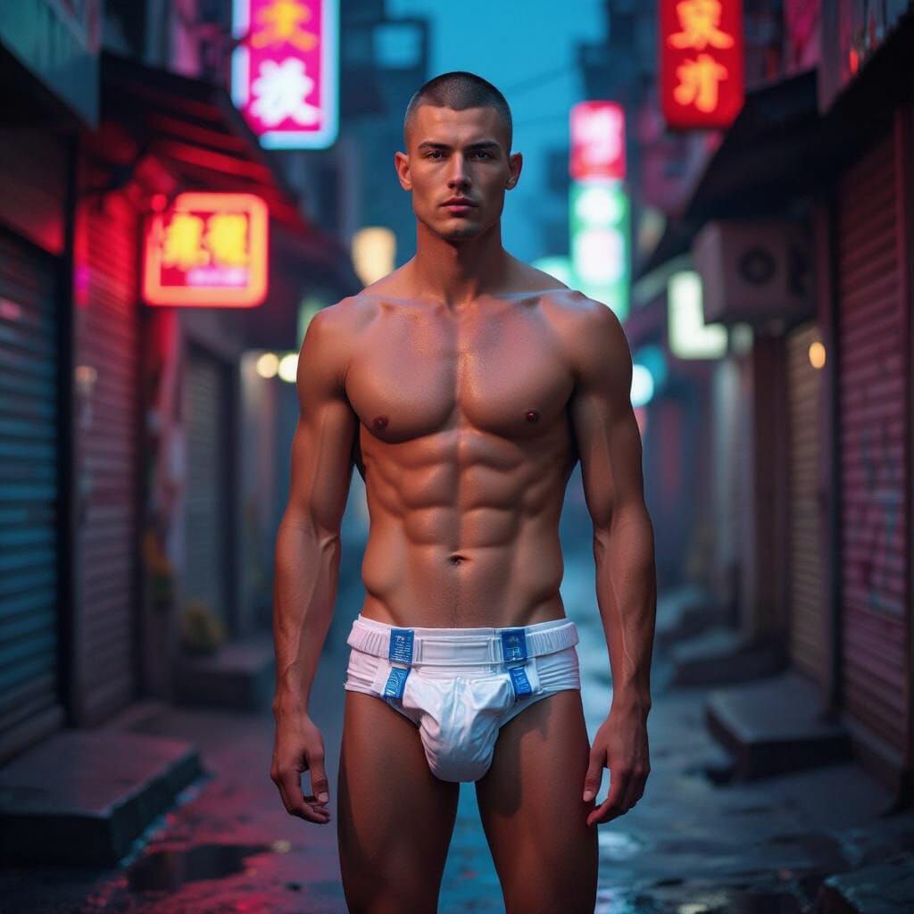 Cyberpunk Slum: Fit Man in Diaper, Photorealistic