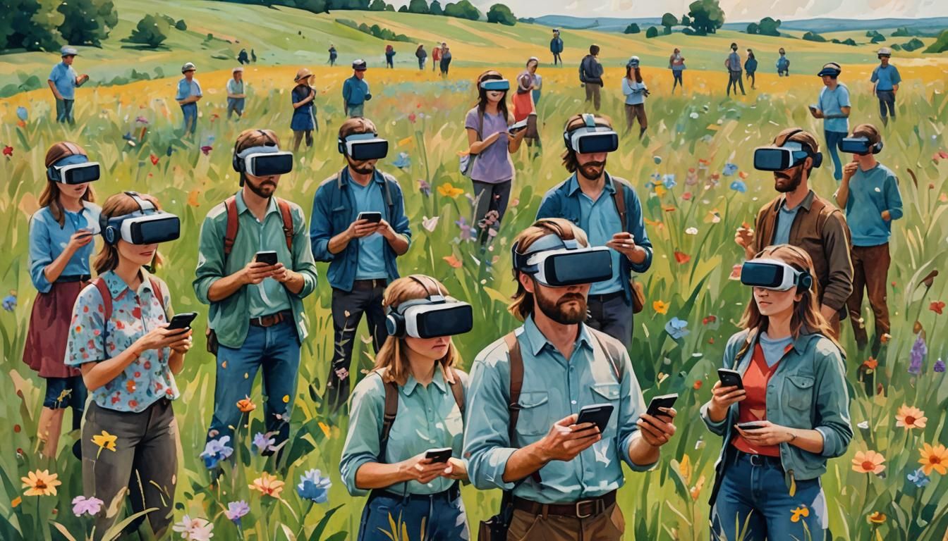 VR Headsets in Meadow: Gouache Impressionist Masterpiece